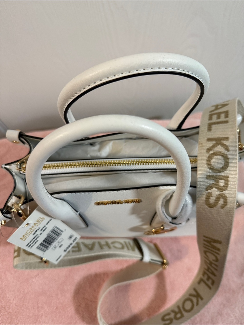 Michael Kors White Saffiano Leather Satchel with Gold Hardware and Logo Strap - Picture 2 of 4
